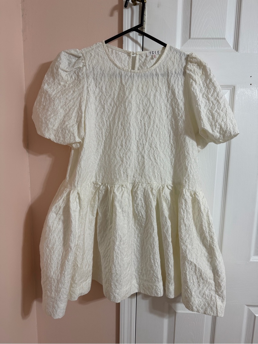 TCEC Textured Ivory Puff Sleeve Babydoll Dress
